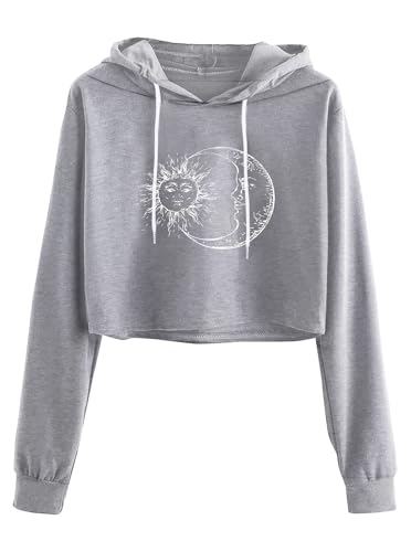 Remidoo Women's Casual Sun and Moon Print Hoodie Long Sleeve Crop Top Sweatshirt Grey Small