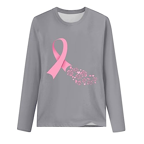 Breast Cancer Awareness Tops for Women Cute Long Sleeve Pink Ribbon Print Shirts Causal Crewneck Tshirt Blouse2