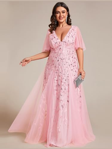 Image of Ever-Pretty Women's Sequin V Neck Plus Size Formal Dresses Evening Gown | Short Sleeve, A-Line, Empire Waist, Plus Size Mother of the Bride Dresses, Plus Size Gala Dress