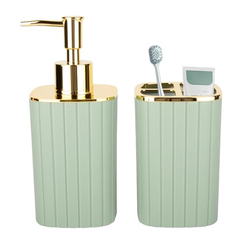 2PCS Bathroom Accessories Set, Sage Green Bathroom Accessories, Bathroom Soap Dispenser and Toothbrush Holder Set for Bohemian Bathroom Decor