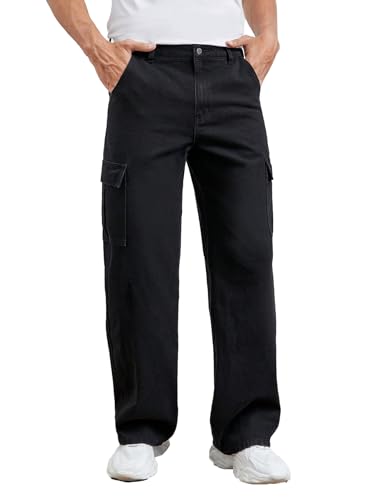 Image of KOTTY Men's Loose Fit Cargo Denim Jeans - Vintage Washed Utility Jeans with Side Pockets