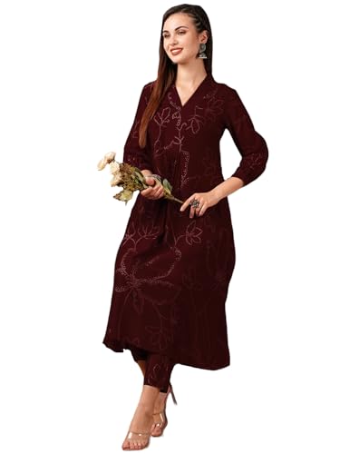 Image of GoSriKi Women's Rayon Blend A-Line Printed Kurta with Pant