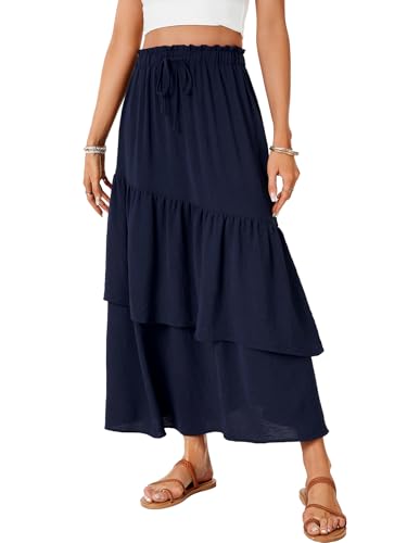 Vrtige Women's Summer Elastic High Waist A Line Flowy Asymmetrical Ruffle Maxi Long Skirts2
