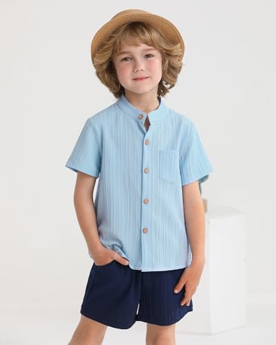 Image of WESIDOM Toddler Boy Clothes Button-Down Shirts+Short Sets Boy's 2 Piece Beach Outfits with Pockets 18M-7Y