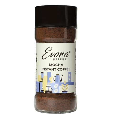 Image of EVORA GREENS Mocha Instant Coffee (100 Grams) - 100% Pure Arabica & Robusta Coffee Powder | Make Strong, Hot, Cold, Black Coffee | Glass Coffee Jar