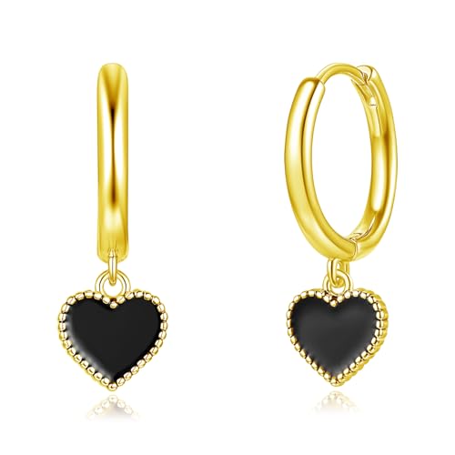 Loutade Ohrringe Silber 925 für Damen, 925 Sterling Silber Ohrringe Creolen mit Schwarz Herz Anhänger, Hypoallergen Leichte Goldene Ohrringe Creolen Hängend Ohrhänger Geschenk für Mädchen Frauen