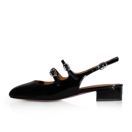 Image of anteikira Women's Round Toe Slingback Flats Closed Toe Double Strap Mary Jane Flats for Women 1 Inch Heel Dress Shoes Low Heel Causal Work Office Pumps for Women Size 5.5-12US