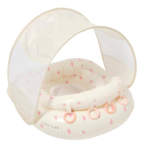 Image of SUNNYLiFE Baby Float with Canopy — UPF40 Infant Pool Float, Adjustable Fabric Seat, 4 Silicone Play Rings | 6-12 Months - Strawberry Sunshine Pink