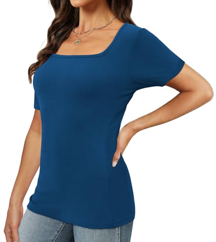 Image of XIEERDUO Womens Square Neck Short /Long SleeveTops 2024 Spring Summer Slim Fit Tees Shirts