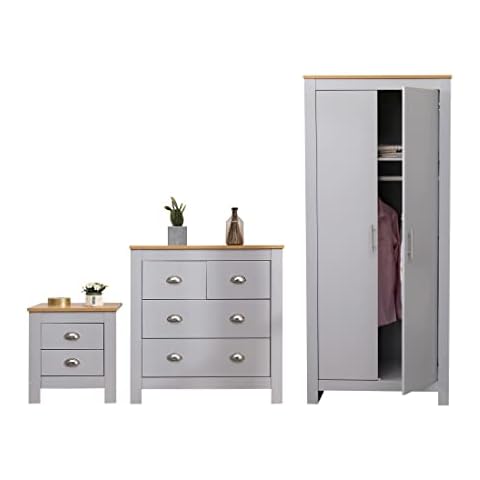 DONEWELL 3 Piece Bedroom Furniture Set,2 Drawers Bedside Table,Wardrobe,Chest of Drawers Wooden Storage Unit,Grey+Oak Cover