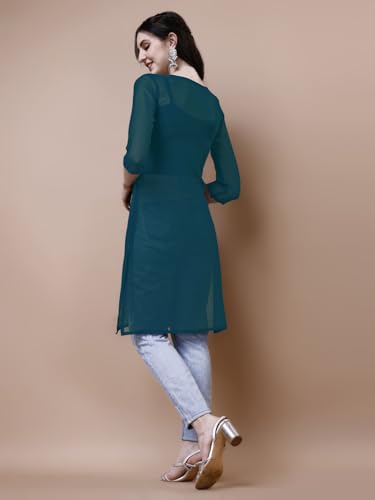 Image of EthnicJunction Women's Georgette Embroidered Straight Kurta | Summer Kurti | Short Kurti for Women | Top for Office |Women's Tunics Tops | Kurta Shirt Top | Regular Fit Top | Tops for Jeans for Women