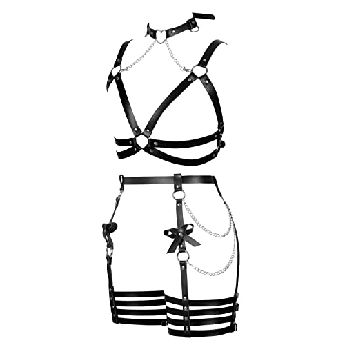 Womens Harness Leather Body Chain Bowknot Lingerie Garter Belts Set Hollow Out Christmas Dance Fashion Clothing3