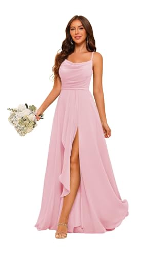 YMSHA A Line Long Chiffon Bridesmaid Dresses with Slit Spaghetti Straps Formal Party Dress YMS370