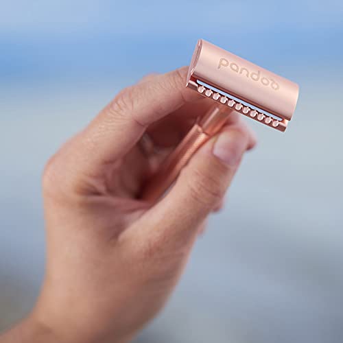 Foto von pandoo Rasierhobel inkl. Halterung - Metall - Zero-Waste Rasierer - plastikfrei - Sicherheits-Rasierhobel - Safety Nassrasierer - Männer und Frauen (Rose)