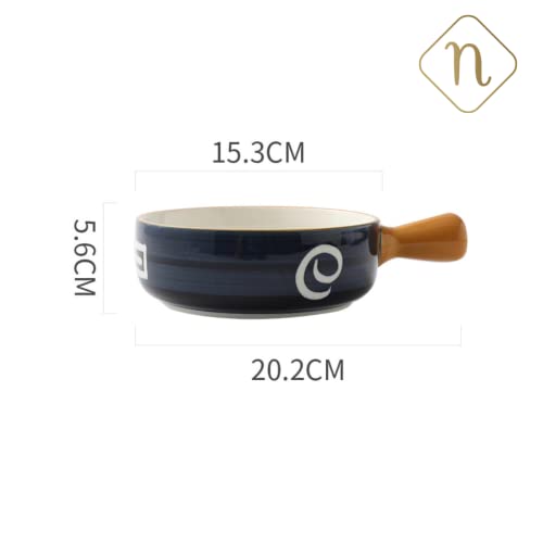 Nestasia Ceramic Snack Bowl with Handle | White & Blue Serving Bowl with Yellow Handle | Microwave & Dishwasher Safe Big Bowl Perfect for Snacks, Noodles, Salads, Soup, Baking (700ml)