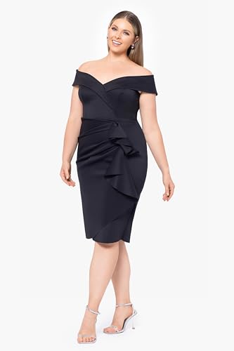 Image of Xscape Women's Bodycon Midi Off-The-Shoulder Ruffle Dress with Center Back Zipper, Petite & Plus Size