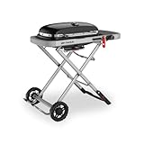 Weber Traveler Gasgrill/klappbares Design mit Rädern, Automatische Deckelarretierung und Deckelthermometer, 1 Brenner, 111 cm breit, 63 x 34 cm Grillfläche, Schwarz (9010079)