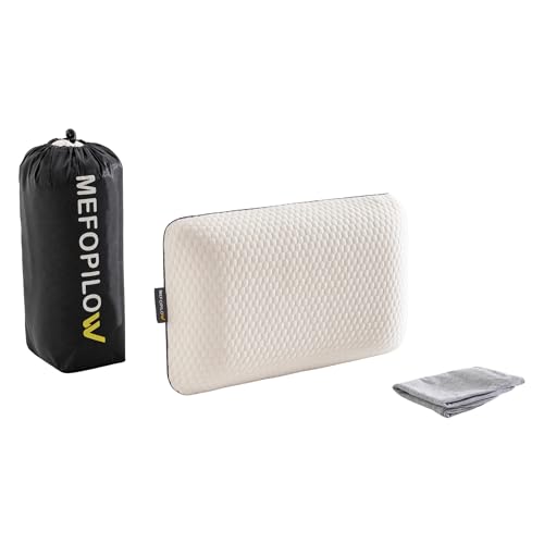 MEFOPILO Memory Foam Travel Pillow with Washable Cover & Carry Bag &ndash; Compact, Soft & Breathable Neck Pillow for Airplane, Camping & Car (White- with Extra Gray Cotton Cover, 15.7x9.8x3.9 inches)