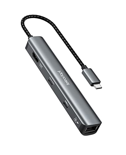 Teleadapt USB Type C Hub, 6-in-1 USBC HDMI Adapter with Ethernet, 5Gbps USB Type-C Data, 2 USB 3.0, USB Hub Power Delivery 100W Ideal for MacBook Pro/Air, iPad Pro, Dell XPS
