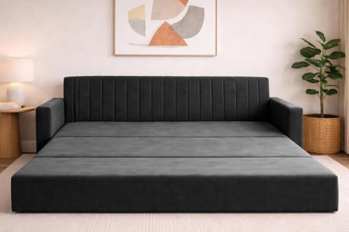 Image of Deco Studio-Sofa-Cum-Bed | Three Seater Couch with Armrest Sofa | Modern Velvet Fabric Sofa for Living Room, Bedroom & Office Black
