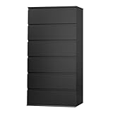 FOTOSOK Black Dresser, 6 Drawer Dresser, Modern Tall Black Storage Chest of Drawers Wood Dressers with Metal Sliding Rail, Handleless Drawer Cabinet for Home & Office