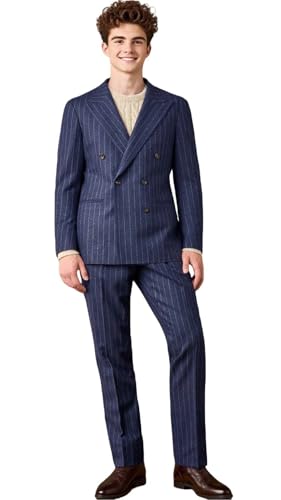 VENNYNG Men's Striped Two-Piece Suit Thick Double Breasted Blazer and Pant Set Wedding Groom Tuxedo