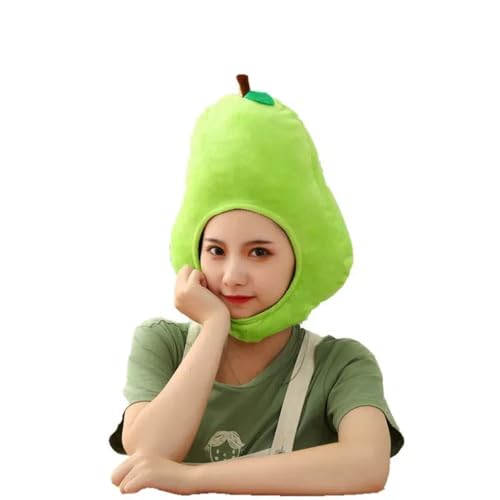 HIPIHOM Plush Fruit Headgear Hat Funny Novelty Hat Sleeping Pillow Toy Stuffed Cap Photo Props Warm Cosplay Accessories (Pear)