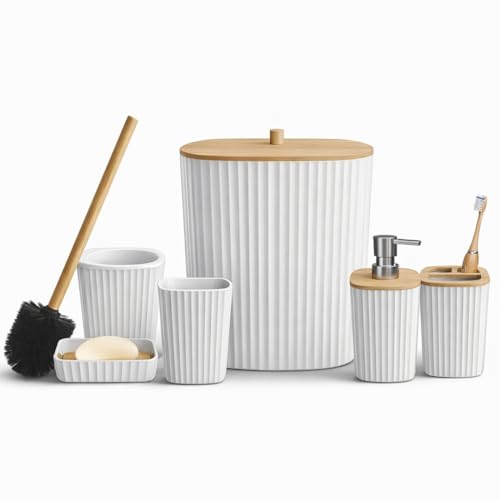 VANTORIA Bathroom Accessories Set 6 Pieces Toilet Brush Soap Dispenser Toothbrush Holder Cup Soap Dish Trash Can (White S)