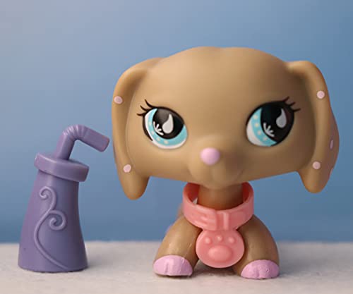 PPToys lps Dachshund 909, lps Dog Tan Body Pink Spot with lps Acessories Drink Collar Collectable