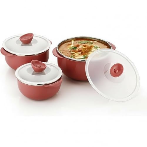 BLLUEX Premium Stainless Steel Bowl Set of 3 | Microwave Safe Bowls with Lids | Mixing & Serving Bowls for Kitchen | Multi-Purpose Serving Bowls for Salad, Rice, Desert, Bowl Set (Pink)