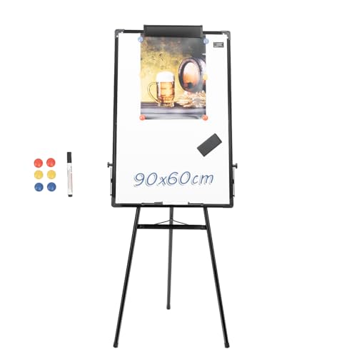 Pizarra blanca con trípode, 90 x 60 cm, altura regulable, 38 – 158 cm, incluye bolígrafos e imanes, para oficina, escuela y habitación infantil, plegable y portátil
