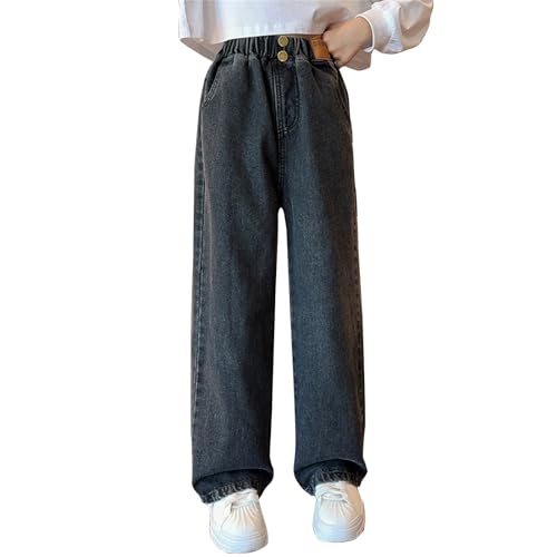 Girls Jeans Elastic Button Straight Leg Baggy Denim Pants High Waist Trendy Trousers Preppy Y2k Streetwear with Pockets