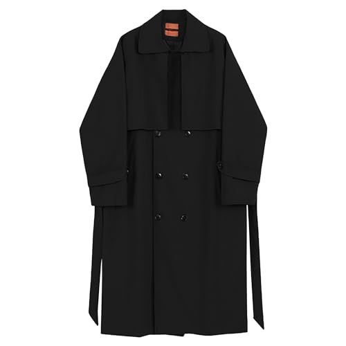 Men's Slim fit Double Breasted Belted Windbreaker Long Jacket Casual Windproof Overcoat Spring Trench Overcoats (Black,Large)