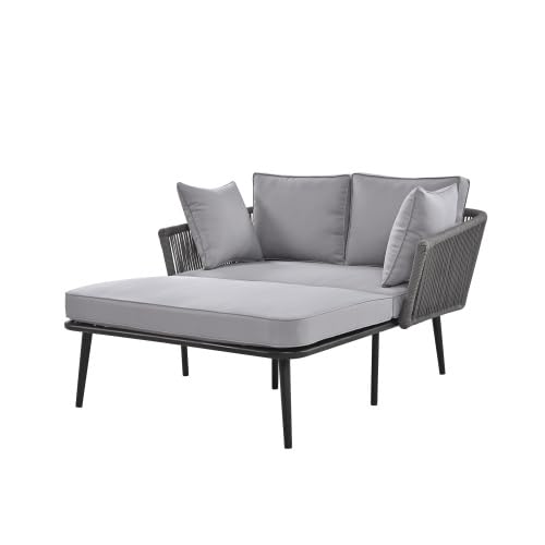 Sofá de jardín con 2 cojines y 2 tapicería, tumbona para exteriores, salón de jardín, juego de muebles de balcón, muebles de salón, muebles de patio, cojines extraíbles y lavables, color gris