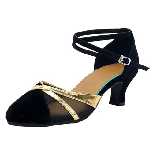 Sandals for Womens Latin Dance Shoes Mesh Rhinestone Heeled Ballroom Salsa Tango Party Sequin Dance Shoes Sandals for Women Dressy Heel (Gold, 8)