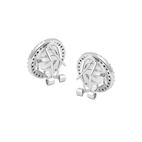 Silver Plated Brass CZ Halo 12mm Simulated Pearl Stud Earrings with English Lock4