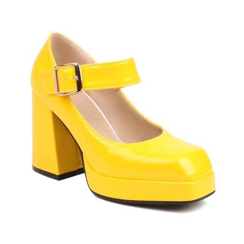 Women's Square Toe Buckle Strap High Heeled Platform Pumps Chunky Heels Faux Leather Mary Jane Style Pumps Shoes