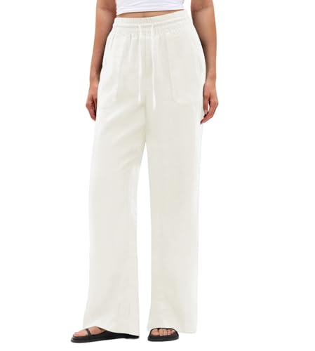 SEMARO Wide Leg Palazzo Pants for Women Casual Drawstring Flowy Beach Linen Trousers with Pockets Vacation White