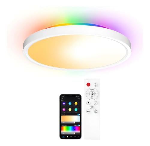 Plafon Luminária Smart LED WiFi RGBIC 24W 2700lm com Alexa e Google, Controle por Voz, App e Controle Remoto, Luz Branca e Colorida 2700K–6500K, Ultrafino 30cm Bivolt
