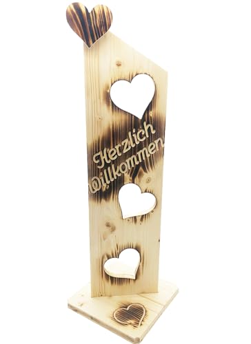 Der Einschneider Willkommensschild Haustür mit Herzen -NR1- Geflammtes Herzlich Willkommen Schild - Türschild Holz Deko, Gartendeko, Türdeko - Lackiert & Wetterfest - 25 x 20 x 79 cm