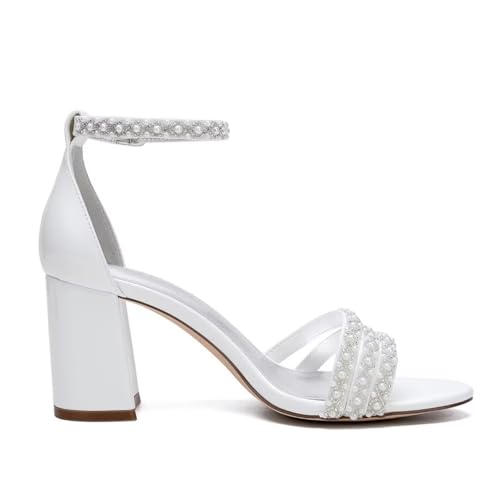 Image of White Women's Block Heel Sandal, Open Toe, Ankle Strap, Pearl Wedding Shoes for Bride, Bridesmaids, Mother of the Bride, Prom, Evening, Cocktail, Ball Gown