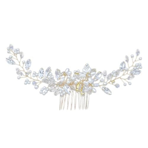 DECOMELODY ゴールドパールヘアコーム 結婚式用 ラインストーン装飾 クリスタ ズ付き ブライダルヘッドドレス 上品な花柄デザイン パーティー
