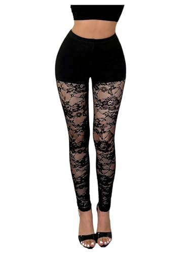 Milumia Women's Sexy Floral Lace Leggings Pants High Waisted See Through Long Pants Clubwear Black Medium