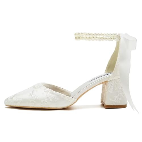 Image of Block Heel Wedding Shoes for Bride Pointed Toe Pearl Wedding Heels Bridal Shoes