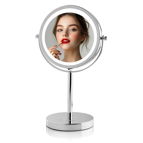 Image of OVENTE 6 inch Lighted Tabletop Round Vanity Mirror, Polished Chrome MLT60CH1X7X | Cordless Magnifying Makeup Mirror with Double Sided 1X /7X Magnification, 360 Rotation, Cool Tone LED Light, Battery Operated