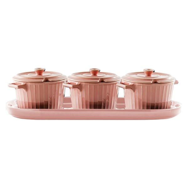 Pots à condiments en porcelaine OVENTE lot de 3 avec cuillères et plateau pour comptoir