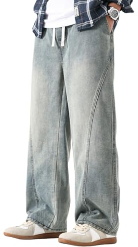 PADOLA Jean Homme Baggy Taille Elastique Pantalon Cargo avec 4 Poches Décontracté Y2K Jeans Coupe Droite Loose Fit Pantalon de Travail Jambe Large Denim...