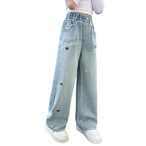 Pantalones vaqueros anchos para niña con bordado floral y cintura elástica ajustable de 3 a 8 años