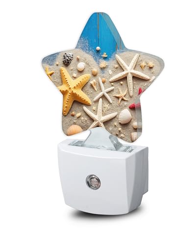 Image of Coastal Seashell Starfish Night Lights Plug Into Wall,Blue Wooden Star Night Light for Kids,Nightlight with Dusk to Dawn Smart Sensor for Bedroom Bathroom Decor,Children Women Men Gift