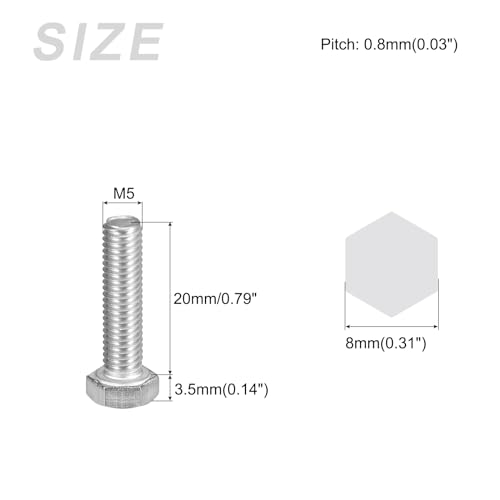 Image of METALLIXITY Hex Bolts (M5-0.8x20mm) 50Pcs, 304 Stainless Steel Coarse Fully Threaded Hex Head Screw Bolt Machine Screws - for Furniture Repair, Silver